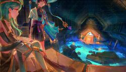 Rule 34 | 1boy, 1girl, anklet, aqua gemstone, arm guards, arms at sides, beret, black bodysuit, black bow, black bridal gauntlets, black hair, black shorts, blue cape, blue hat, blue kimono, blue sleeves, bodysuit, bow, bridal gauntlets, brown eyes, cape, closed mouth, detached sleeves, earrings, eyelashes, feathers, gem, genshin impact, gold, gold ring, green hair, green hat, green shirt, green thighhighs, grey sleeves, hair behind ear, hakama, hakama shorts, hand on own hip, hat, highres, hip vent, japanese clothes, jewelry, jingasa, juban, kimono, layered sleeves, lic 617, long hair, looking at another, mandarin collar, middle ring, open clothes, open kimono, original, pleated shorts, pom pom (clothes), purple eyes, purple sash, ruins, sash, scaramouche (genshin impact), shirt, short sleeves, shorts, shoulder peek, sitting, standing, thighhighs, tsurime, wanderer (genshin impact), watermark, white kimono, white sleeves, yellow feathers
