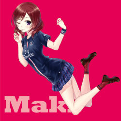 10s 1girl ;) alternate_costume blue_shirt blue_skirt brown_shoes character_name closed_mouth clothes_writing eyebrows female_focus france full_body holding holding_own_hair jumping kazuharu_kina loafers looking_at_viewer love_live! love_live!_school_idol_project miniskirt nike_(company) nishikino_maki one_eye_closed paris_saint-germain plaid_clothes plaid_skirt pleated_skirt purple_eyes red_background red_hair red_legwear shirt shoes short_sleeves simple_background skirt smile soccer soccer_uniform solo sportswear t-shirt twirling_hair wristband