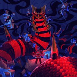 1boy 1other absurdres blue_hair creatures_(company) cyborb cyrus_(pokemon) distortion_world floating_rock game_freak gen_4_pokemon giratina giratina_(origin) glowing glowing_eyes highres horns legendary_pokemon looking_at_another nintendo pokemon pokemon_(creature) pokemon_dppt pokemon_platinum red_eyes spiked_hair standing tail tentacles wings