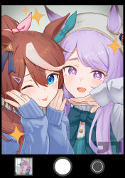 2girls absurdres animal_ears blue_eyes blue_sweater blush bow bowtie brown_hair commentary_request fingernails green_bow green_bowtie hair_bow hair_ornament hairclip hat highres horse_ears horse_girl jtleeklm mejiro_mcqueen_(umamusume) multicolored_hair multiple_girls one_eye_closed open_mouth pink_bow purple_eyes purple_hair smile star_(symbol) streaked_hair sweater tokai_teio_(umamusume) tongue tongue_out umamusume upper_body viewfinder watermark white_hair