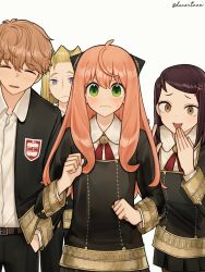 Rule 34 | 2boys, 2girls, absurdres, aged up, anya (spy x family), becky blackbell, black jacket, black shirt, black skirt, blonde hair, blue eyes, blush, brown hair, closed eyes, closed mouth, ducartoon, eden academy school uniform, freckles, freddy (spy x family), gold trim, green eyes, hair ornament, hairclip, hairpods, highres, jacket, long hair, long sleeves, multiple boys, multiple girls, open clothes, open jacket, open mouth, pink hair, school uniform, shirt, short hair, skirt, spy x family, tertius (spy x family), white shirt