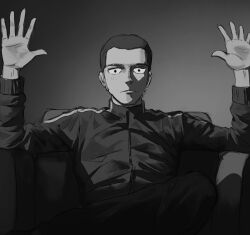 1boy absolute_cinema_(meme) armchair chair couch crossed_legs freckles gradient_background greyscale hands_up highres jumpsuit kapxapius long_sleeves looking_at_viewer male_focus meme monochrome on_couch pants partially_shaded_face shadow ship_leesoo short_hair simple_background sitting solo tower_of_god