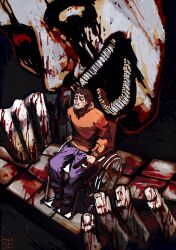 2boys bags_under_eyes blood blood_on_hands bloody_tears brown_hair constricted_pupils cry_of_fear dual_persona facial_hair goatee_stubble gun handgun highres holding holding_gun holding_weapon hood hood_down hoodie knees_apart_feet_together looking_at_another messy_hair multiple_boys nervous_sweating open_mouth orange_hoodie short_hair simon_henriksson simon_henriksson_(book) sitting size_difference soff_mc stubble sweat teeth upper_teeth_only weapon wheelchair wide-eyed