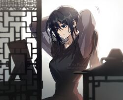1girl black_eyes black_hair black_hanfu chinese_clothes genderswap genderswap_(mtf) gzgzmym hanfu long_hair long_sleeves looking_at_mirror mirror mole mole_under_eye partition ponytail robe tianguan_cifu tying_hair wide_sleeves yin_yu