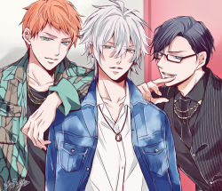 3boys aohitsugi_samatoki black_hair blue_eyes brown_hair busujima_rio_mason camouflage glasses hypnosis_mic iruma_jyuto jewelry leaning_on_person male_focus multiple_boys piercing red_eyes white_hair