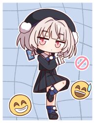 Rule 34 | 1girl, beret, black hat, black shirt, black shoes, black skirt, blue socks, blush, brown hair, cellphone, chibi, closed mouth, commentary request, emoticon, full body, grey background, grid background, hana kazari, hat, highres, holding, holding phone, long sleeves, looking at viewer, no entry sign, phone, pink eyes, pinstripe pattern, pinstripe shirt, pinstripe skirt, pleated skirt, puffy long sleeves, puffy sleeves, road sign, shirt, shoes, sign, skirt, sleeves past wrists, socks, solo, standing, standing on one leg, ui (voisona), voisona