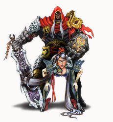 1boy 1girl armor bayonetta bayonetta_(series) bayonetta_1 bent_over black_hair bodysuit breasts cleavage_cutout closed_eyes clothed_sex clothing_cutout crossover darksiders doggystyle earrings elbow_gloves glasses gloves gun hair_bun hetero high_heels hood jewelry lipstick long_hair makeup rape red_ribbon ribbon sex sex_from_behind simple_background single_hair_bun sword very_long_hair war war_(darksiders) weapon