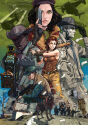 absurdres adjusting_clothes adjusting_headwear aircraft airship android banknote baseball_bat belt black_gloves black_hair black_hat blue_eyes blue_necktie bracer breasts brotherhood_of_steel brown_belt brown_coat brown_hair brown_hat brown_jacket brown_vest cait_(fallout_4) coat commentary cowboy_hat cracked_road dirt dogmeat fallout fallout_4 fingerless_gloves gloves green_eyes green_hat green_jumpsuit green_scarf gun handgun hat highres holding holding_baseball_bat holding_gun holding_weapon jacket jumpsuit kepi lips medium_breasts medium_hair military_hat money nail_(hardware) nail_bat necktie newsboy_cap nick_valentine open_mouth pants parted_lips piper_wright post-apocalypse power_armor_(fallout) preston_garvey raider_(fallout) raikou_(yorimitsu) red_coat refrigerator revolver rifle road road_sign robert_maccready scarf science_fiction scope short_hair sign sleeveless sleeveless_jacket smile sniper_rifle speed_limit_sign standing trench_coat vertibird vest weapon yellow_pants