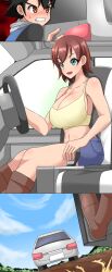 1boy 1girl ash_ketchum black_hair blue_eyes breasts brown_eyes brown_hair car cleavage honotomo7 hotpants janet_(pokemon) large_breasts motor_vehicle nintendo pokemon pokemon_(anime) pokemon_ag013 pokemon_rse_(anime) pushing_car