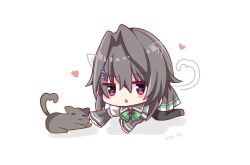 Rule 34 | 1girl, 9-nine-, :3, = =, all fours, animal ears, black cat, black hair, black pantyhose, black skirt, blush stickers, bow, bowtie, cat, cat ears, cat tail, chibi, chibi only, closed eyes, collared shirt, commentary, drawn ears, drawn tail, frilled sleeves, frills, full body, green bow, green bowtie, hair intakes, hair ornament, hairclip, happy, heart, heart-shaped pupils, heart tail, long sleeves, looking at animal, open mouth, pantyhose, pleated skirt, red eyes, school uniform, shirt, short hair, signature, simple background, skirt, solo, symbol-only commentary, symbol-shaped pupils, tail, tail raised, triangle mouth, ura (ura-tennislove), white background, wide sleeves, yuuki noa