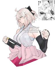 1girl ahoge arm_warmers blonde_hair bow breasts chee_arts fate_(series) hair_bow highres japanese_clothes katana koha-ace looking_at_viewer okita_souji_(fate) reference_inset short_hair solo sword weapon