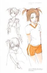 1girl absurdres arms_behind_back brown_hair buruma clenched_teeth cloak collar collarbone dress green_eyes gym_shirt gym_uniform hair_between_eyes highres holding holding_knife huke knife looking_at_viewer official_art open_mouth orange_buruma orange_collar orange_sleeves orange_trim pinafore_dress shirt short_twintails sketch sleeveless sleeveless_dress solo standing steins;gate stuffed_animal stuffed_toy teeth tennouji_nae thighs tongue twintails white_shirt white_stripes