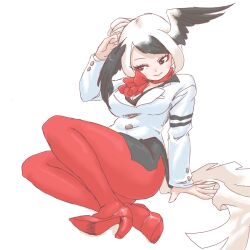 1girl bird_girl bird_tail bird_wings black_hair black_skirt blonde_hair blush eyeliner head_wings high_heels kemono_friends long_sleeves makeup maki_(02uh14l1b740ao2) multicolored_hair oriental_stork_(kemono_friends) pantyhose pencil_skirt red_eyeliner red_pantyhose red_scarf red_shoes scarf shirt shoes sidelocks sitting skirt smile solo tail white_hair white_shirt wings