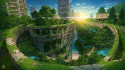 abandoned blue_sky broken_window building cloud commentary_request dilapidated highres moss no_humans original outdoors overgrown post-apocalypse ruins rust sand scenery sky skyscraper stairs sunrise tokyogenso tree water