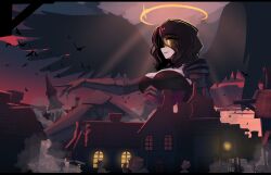 1girl 6+others angel_wings armor bird black_dress black_hair black_wings breasts building cleavage cloud cloudy_sky commentary destruction dress english_commentary fallen_angel feathered_wings gauntlets giant giantess glowing glowing_eyes halo highres iwillsunder large_breasts light_smile medium_hair mini_person multiple_others original outdoors outstretched_arms parted_lips pauldrons red_sky shoulder_armor sky solo_focus village wings yellow_eyes yellow_halo