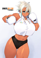 1girl 23_(real_xxiii) abs absurdres blonde_hair blue_eyes boxing boxing_gloves breasts choker cross cross_choker dark-skinned_female dark_skin fighting_stance highres huge_breasts jewelry large_breasts muscular muscular_female navel obliques original punching sela_(23) short_hair solo toned toned_female