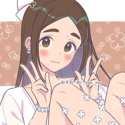 1girl brown_hair osamu_(ri_osa_mu) ribbon source_request tagme v