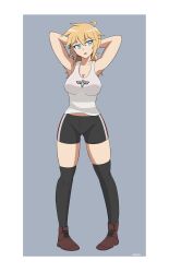 Rule 34 | absurdres, ahoge, armpits, arms behind back, blonde hair, blue eyes, breasts, cleavage, cleft of venus, collarbone, gluteal fold, gym shorts, highres, kneecaps, large breasts, open mouth, original, phenol r, ponytail, reichsadler, shoes, shorts, signature, socks, tank top, twintails, two-tone background, world war ii