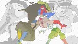 Rule 34 | 2girls, black hair, blue skin, blunt bangs, blunt ends, bob cut, colored skin, cubism, ena: dream bbq, ena (dream bbq), ena (ena), ena (series), ena (species), floating head, green hat, happy ena, hat, highres, kiss, low poly, meanie ena, multicolored skin, multiple girls, open mouth, red skin, shirt, short sleeves, simple background, smile, split-color skin, surprise kiss, surprised, tamurmurin, two-tone skin, white shirt, yuri