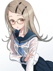 Rule 34 | 1girl, black bra, blonde hair, blue neckerchief, blue sailor collar, blue skirt, blush, bra, bra visible through clothes, brown-framed eyewear, collarbone, colored eyelashes, flipped hair, gakuen idolmaster, hair ornament, hairclip, hand on own arm, highres, idolmaster, lace, lace-trimmed bra, lace trim, long hair, long sleeves, looking at viewer, neckerchief, orange eyes, osoba susurukun, parted lips, sailor collar, school uniform, serafuku, shinosawa hiro, shirt, simple background, skirt, solo, underwear, wet, wet clothes, white background, white serafuku, white shirt