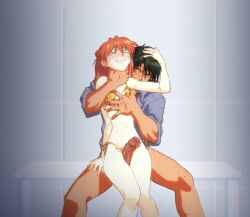 1boy 1girl age_difference amondetauro bikini blush erection hetero kaji_ryouji neon_genesis_evangelion orange_hair souryuu_asuka_langley swimsuit