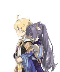1boy 1girl absurdres aether_(genshin_impact) ahoge artist_name bare_shoulders blonde_hair blush braid cone_hair_bun detached_sleeves double_bun dress from_side genshin_impact hair_bun head_on_another&#039;s_shoulder highres hug hug_from_behind keqing_(genshin_impact) long_hair nerozero purple_hair scarf simple_background sweat textless_version twintails upper_body very_long_hair vision_(genshin_impact) watermark white_background