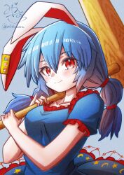 1girl :3 absurdres animal_ears blue_background blue_dress blue_hair blush closed_mouth collarbone commentary crescent_print dress frilled_dress frills hair_between_eyes hair_ribbon hands_up highres holding kine long_hair looking_at_viewer mallet mizuhara_(pix_ivi_xiq) rabbit_ears rabbit_girl red_eyes red_ribbon ribbon seiran_(touhou) short_sleeves signature simple_background solo star_(symbol) star_print touhou upper_body