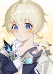 1boy :o absurdres artist_name bird blonde_hair blue_eyes blush collarbone genshin_impact gloves highres light_blush looking_at_viewer mika_(genshin_impact) miyano_(user_nhea8337) short_hair tagme