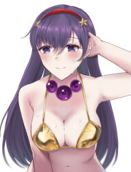 1girl asamiya_athena bikini breasts built_in_stb cleavage curvy female_focus gold gold_bikini hairband highres long_hair medium_breasts pale_skin purple_eyes purple_hair shiny_clothes smile snk solo star_(symbol) swimsuit the_king_of_fighters wet