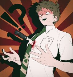 !? 1boy black_eyes bleeding blood blood_on_clothes brown_hair commentary danganronpa_(series) danganronpa_2:_goodbye_despair green_necktie hand_up highres hinata_hajime injury knife male_focus necktie open_mouth orange_background red_background shirt short_hair solo stab sunburst sunburst_background sweat symbol-only_commentary uri_ka55 very_short_hair white_shirt