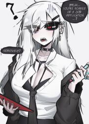 1girl ? ace_glitch asymmetrical_bangs belt_collar black_bra black_collar black_jacket black_nails black_necktie bra breasts character_charm charm_(object) cleavage clipboard collar commentary ear_piercing earrings english_commentary english_text fangs hair_over_one_eye hand_up hatsune_miku highres holding holding_clipboard holding_pen jacket jewelry large_breasts long_hair long_sleeves loose_necktie necktie open_clothes open_jacket open_mouth original partially_unbuttoned pen piercing red_eyes shirt simple_background solo speech_bubble teeth thick_eyelashes underwear vocaloid white_background white_hair white_shirt