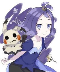 1girl :3 acerola_(pokemon) closed_mouth collarbone creatures_(company) dress full_body game_freak gen_7_pokemon hair_ornament hairclip kinorink looking_at_viewer mimikyu nintendo pokemon pokemon_(creature) pokemon_sm purple_dress purple_eyes purple_hair short_hair short_sleeves