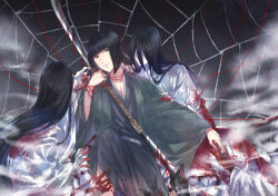1boy 2girls 2others black_hair black_kimono blunt_bangs blunt_ends expressionless green_eyes green_haori haori japanese_clothes kimono long_hair looking_to_the_side male_focus multiple_girls multiple_others out_of_frame sengoku_basara shibata_katsuie_(sengoku_basara) short_hair silk solo_focus spider_web toruglose
