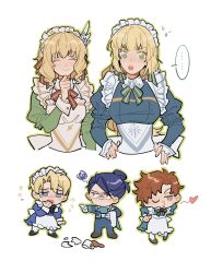 Rule 34 | 2girls, 3boys, apron, ascot, black hair, blonde hair, blue dress, blue eyes, blue hair, blue suit, blush, bow, breasts, broken cup, broken plate, brown eyes, butler, closed eyes, closed mouth, cosplay, crossdressing, cup, dimitri alexandre blaiddyd, dress, felix hugo fraldarius, felix hugo fraldarius (savant&#039;s service), fire emblem, fire emblem: genealogy of the holy war, fire emblem: thracia 776, fire emblem: three houses, fire emblem heroes, formal clothes, green eyes, grey apron, hair bun, hair ornament, headdress, highres, ingrid brandl galatea, ingrid brandl galatea (cordial teatime), ingrid brandl galatea (cosplay), julianlynnnn, long hair, long sleeves, maid, maid apron, maid headdress, multiple boys, multiple girls, nanna (cordial teatime) (fire emblem), nanna (fire emblem), nintendo, official alternate costume, one eye closed, open mouth, pants, plate, pointing, red hair, shirt, short hair, simple background, smile, spill, suit, sylvain jose gautier, teacup, teeth, upper body, upper teeth only, white apron, white background, wing hair ornament
