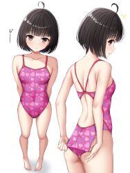 1girl :t absurdres adjusting_clothes adjusting_swimsuit ahoge armpit_crease arms_behind_back ass back bare_arms bare_shoulders black_eyes black_hair blush bob_cut breasts closed_mouth collarbone commentary_request competition_swimsuit covered_navel cowboy_shot eyelashes foreshortening from_above full_body heart heart_print highleg highleg_one-piece_swimsuit highres looking_at_viewer looking_back making-of_available multiple_views ncontrail_(mgax7527) notice_lines one-piece_swimsuit original pink_one-piece_swimsuit pout print_swimsuit profile short_hair simple_background small_breasts sound_effects straight_hair swimsuit tareme white_background