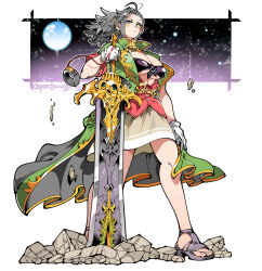 1girl bikini black_bikini blue_eyes breasts brown_skirt closed_mouth coat commentary_request earrings flip-flops gloves greatsword green_coat grey_hair holding holding_sword holding_weapon jewelry kafun long_hair looking_at_viewer medium_breasts messy_hair original sandals simple_background skirt solo standing stomach swimsuit sword turtleneck weapon white_background white_gloves
