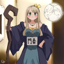 :t artist_name bare_shoulders black_robe blonde_hair blue_dress blush boku_no_kokoro_no_yabai_yatsu dress green_eyes hair_ribbon hand_on_own_hip hanzawa_yurine highres holding holding_staff indoors jewelry long_hair mage_staff necklace paso pout ribbon robe signature speech_bubble staff translated upper_body yellow_ribbon