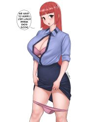 Rule 34 | 1girl, absurdres, aki-chan (dismaiden), bra, breasts, brown eyes, cleavage, dismaiden, english text, hair ornament, hairclip, highres, long hair, office lady, open mouth, original, panties, panty pull, pencil skirt, pink bra, pink panties, red hair, signature, skirt, solo, thighs, unbuttoned, unbuttoned shirt, underwear