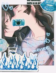 2girls brown_eyes censored_kiss closed_eyes commentary girls_und_panzer grabbing_another&#039;s_breast groping heart katsuoboshi keizoku_military_uniform kiss long_hair mika_(girls_und_panzer) multiple_girls pompadour sticker yuri yuri_(girls_und_panzer)