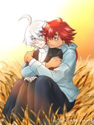 2girls ahoge black_jacket black_pants blue_eyes blue_jacket blush closed_mouth commentary_request grass grey_eyes gundam gundam_suisei_no_majo highres hug hug_from_behind husband_and_wife ichigomusume604 jacket jewelry miorine_rembran multiple_girls outdoors pants red_hair ring shirt smile suletta_mercury thick_eyebrows wedding_ring white_hair white_shirt yuri
