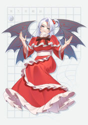 Rule 34 | 1girl, absurdres, bow, capelet, dress, frilled capelet, frilled dress, frills, grey eyes, grid background, guumin, hair bobbles, hair ornament, highres, long hair, long sleeves, multiple wings, mystic square, red capelet, red dress, ribbon, shinki (touhou), smile, solo, touhou, touhou (pc-98), turtleneck, warped, white hair, wide sleeves, wings