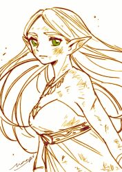 1girl bare_shoulders breasts cleavage dirty dirty_clothes dirty_face dress green_eyes highres jewelry long_hair looking_at_viewer medium_breasts mouyi necklace nintendo parted_bangs pointy_ears princess_zelda signature sketch solo strapless strapless_dress the_legend_of_zelda the_legend_of_zelda:_breath_of_the_wild upper_body