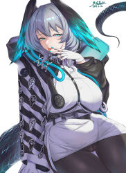 Rule 34 | 1girl, :p, absurdres, aqua eyes, arknights, between breasts, black pantyhose, breasts, cameltoe, closed mouth, coat, cowboy shot, dress, feathered wings, fingerless gloves, gloves, grey hair, hair between eyes, hand up, head wings, highres, ho&#039;olheyak (arknights), large breasts, long sleeves, long tail, looking at viewer, medium hair, no panties, open clothes, open coat, pantyhose, pencil dress, shengunjiav7, simple background, snake tail, solo, strap between breasts, tail, tongue, tongue out, v, v over mouth, white background, white dress, white gloves, wings