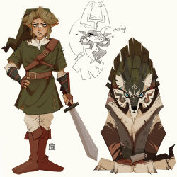 Rule 34 | 1boy, 1girl, absurdres, belt, boots, brown belt, brown footwear, brown gloves, brown hair, claws, closed mouth, full body, gloves, green hat, green tunic, hand on own hip, hat, highres, holding, holding sword, holding weapon, link, male focus, midna, nintendo, pointy ears, shuumyuu, sidelocks, signature, simple background, sword, the legend of zelda, the legend of zelda: twilight princess, tunic, weapon, white background, wolf link