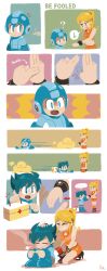 1boy 1girl blush capcom comic crossover first_aid_kit hakusoto mega_man_(character) mega_man_(classic) mega_man_(series) metroid nintendo samus_aran surprised