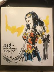 1girl artist_name bare_shoulders black_hair blue_skirt breasts circlet dated dc_comics female_focus hayama_jun&#039;ichi holding holding_sword holding_weapon marker_(medium) medium_breasts photo_(medium) pink_lips profile pteruges serious shield signature skirt solo sword traditional_media upper_body wavy_hair weapon wonder_woman wonder_woman_(series)