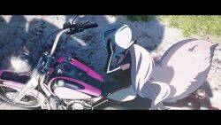 1girl animal_ears animated black_bodysuit bodysuit breasts cleavage clothing_cutout fate/grand_order fate_(series) fox_ears fox_girl fox_tail hair_ribbon helmet highres hip_vent koyanskaya_(assassin)_(first_ascension)_(fate) koyanskaya_(fate) large_breasts long_hair motor_vehicle motorcycle motorcycle_helmet official_art pink_hair pink_ribbon ponytail ribbon sound tagme tail tamamo_(fate) thigh_cutout thighs very_long_hair video zipper zipper_pull_tab