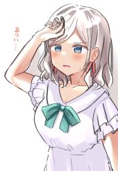Rule 34 | 1girl, absurdres, aqua ribbon, arm up, blue eyes, blush, breasts, ceras yanagida lilienfeld, ceras yanagida lilienfeld (izayoi selene casual), cleavage, collarbone, collared dress, dress, dress ribbon, frilled sleeves, frills, grey hair, hair ribbon, highres, hisho (rythm hisho), hot, large breasts, link! like! love live!, love live!, official alternate costume, parted lips, pink ribbon, ribbon, short sleeves, simple background, solo, sweat, translation request, upper body, virtual youtuber, white background, white dress