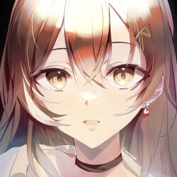 1girl berry black_background black_choker brown_eyes brown_hair brown_hoodie choker close-up crossed_bangs earrings food-themed_earrings hair_ornament hairclip hololive hololive_english hood hoodie jewelry long_hair looking_at_viewer macchirei multicolored_hair nanashi_mumei nanashi_mumei_(casual) open_mouth portrait streaked_hair virtual_youtuber