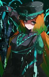 Rule 34 | 1girl, aiguillette, arms behind back, black shirt, blind obsession (e.g.o), collared shirt, e.g.o (project moon), epaulettes, formal clothes, freckles, gradient hair, green hair, green necktie, grey eyes, hat, highres, ishmael (project moon), limbus company, long hair, multicolored hair, nakame77, necktie, orange hair, peaked cap, project moon, shirt, solo, upper body, very long hair, vest